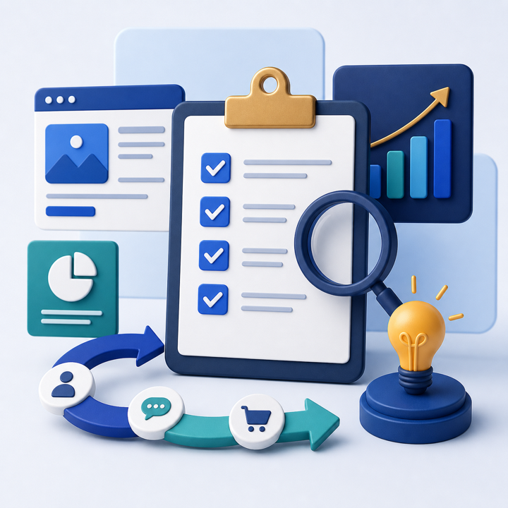 Illustrated digital marketing budget dashboard with charts and planning tools