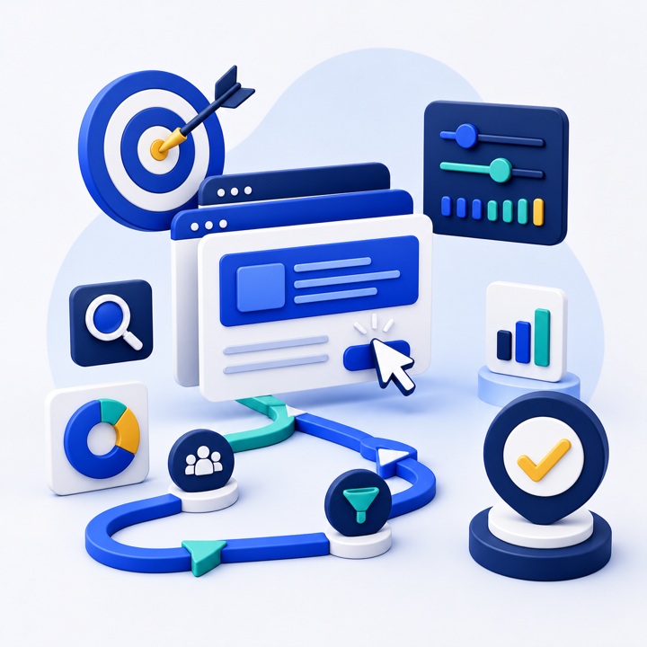 Illustrated Google Ads campaign dashboard with conversion and growth elements