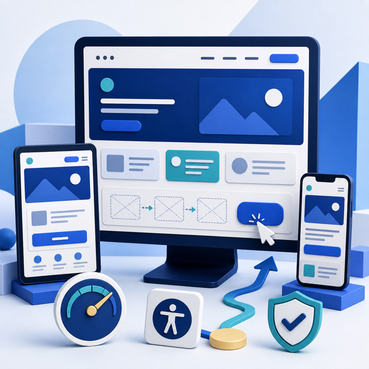 Illustrated responsive website redesign shown across desktop tablet and mobile