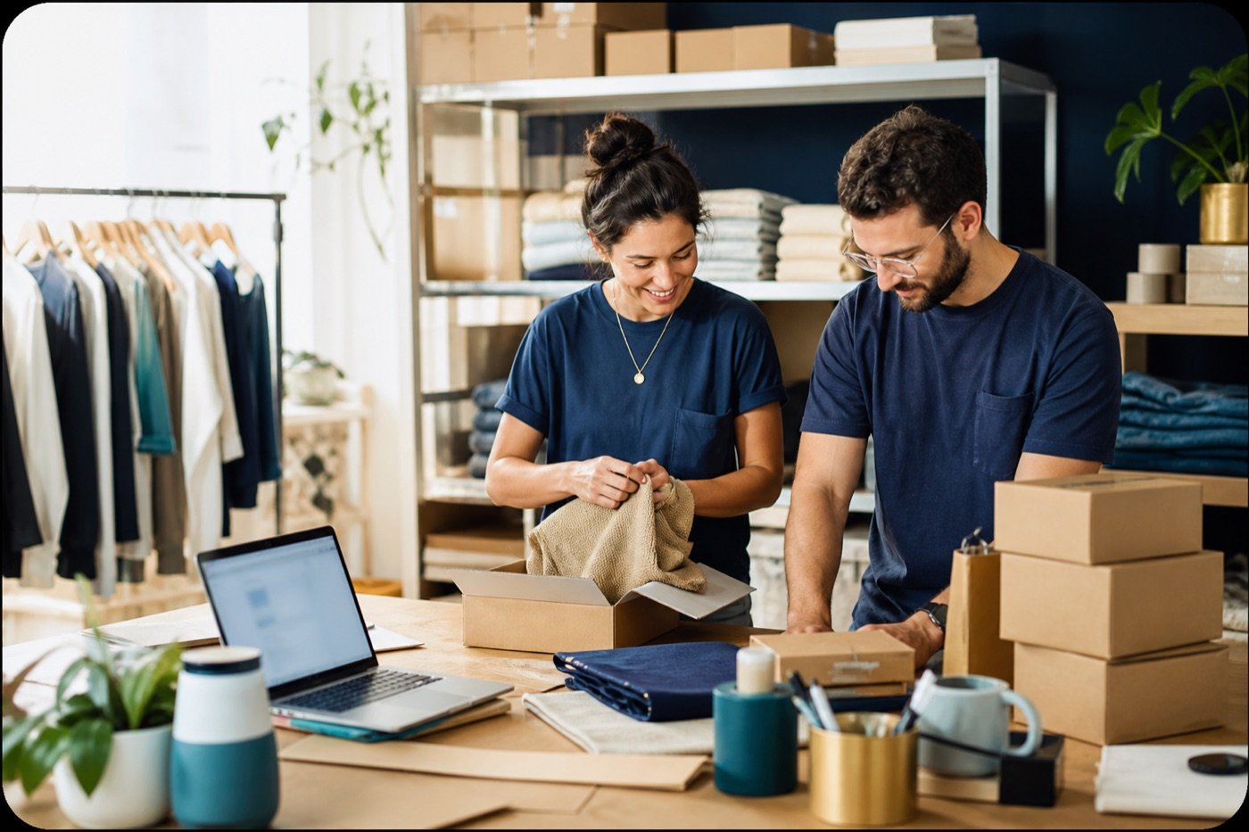 A small ecommerce team preparing online orders in a product studio.