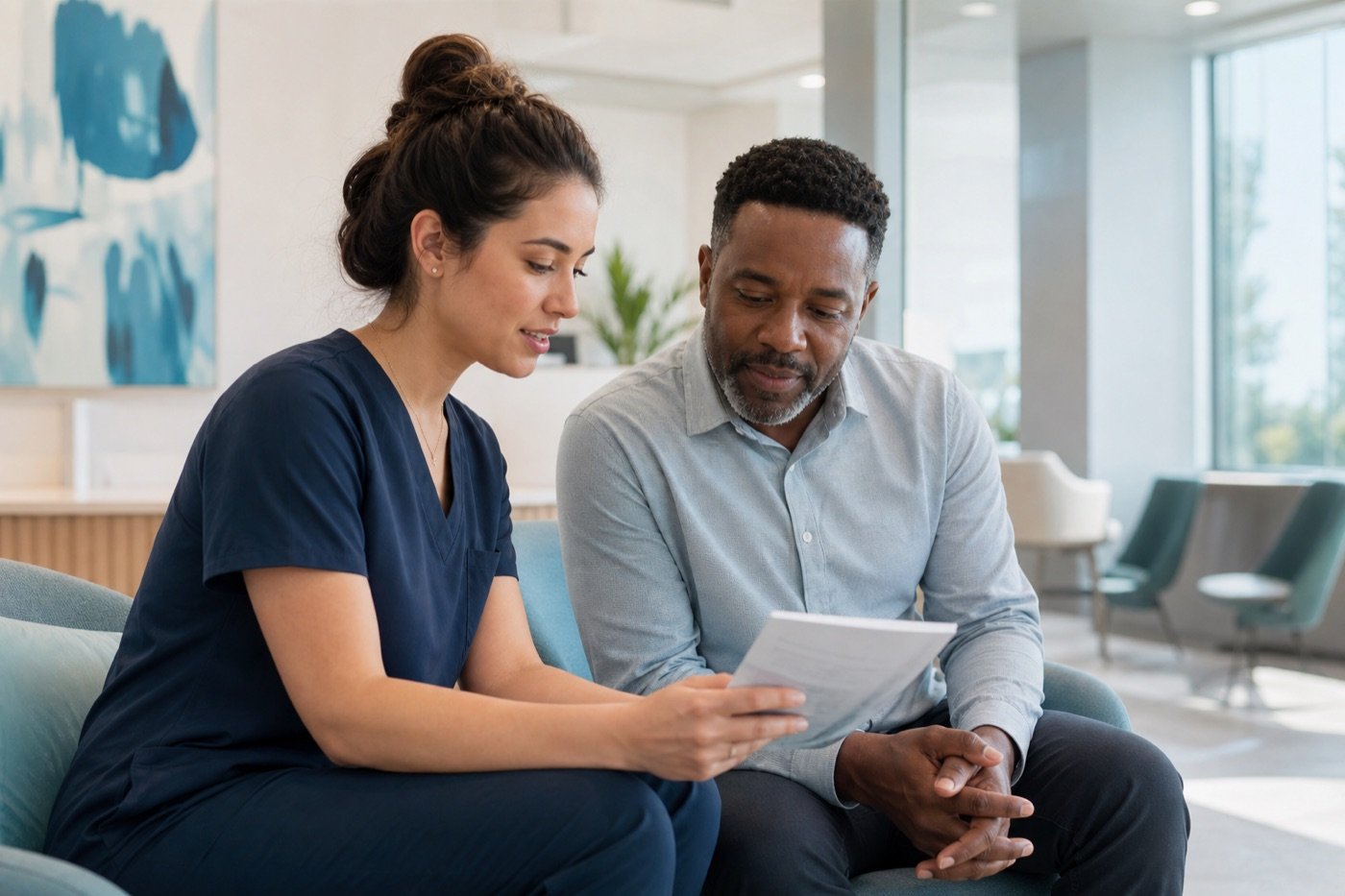 A clinician reviewing appointment information with a patient.