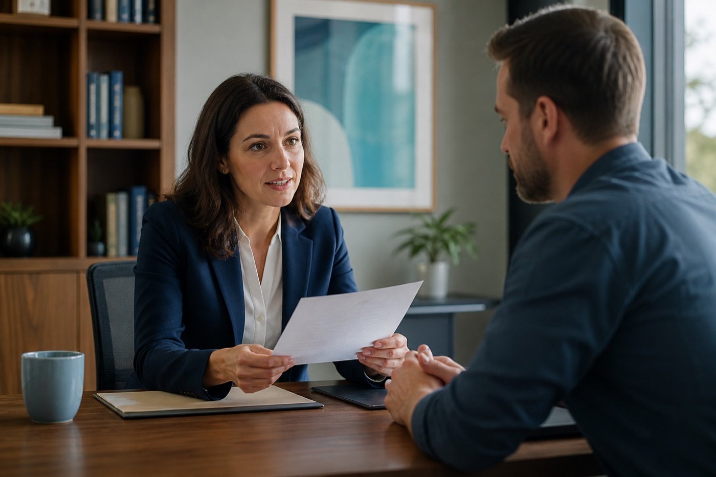 An attorney discussing a document with a prospective client.