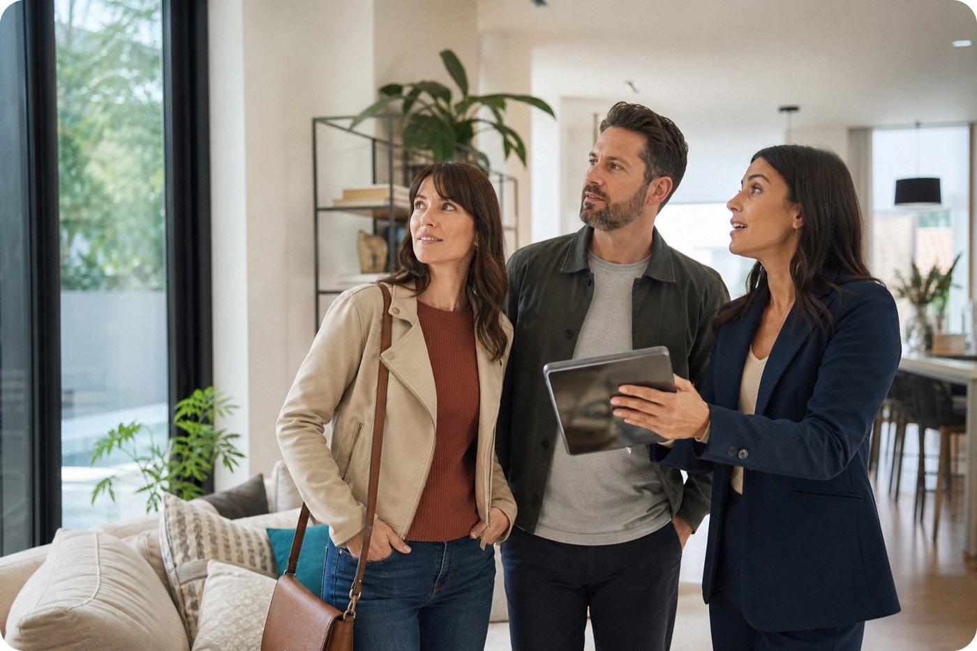 A real estate professional showing a home to two prospective buyers.
