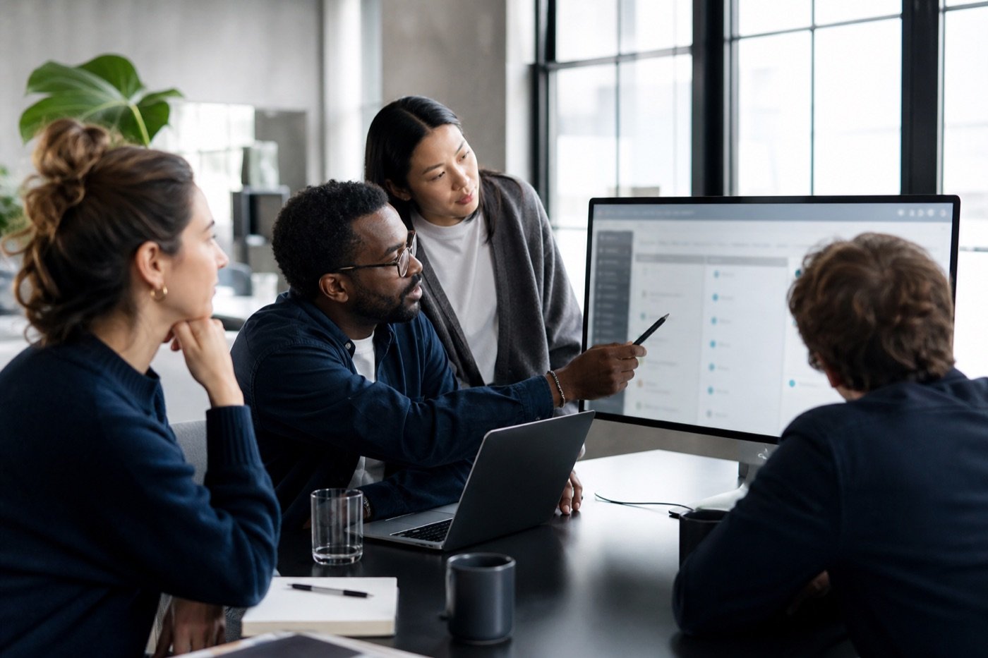 A business team reviewing a generic software interface together.